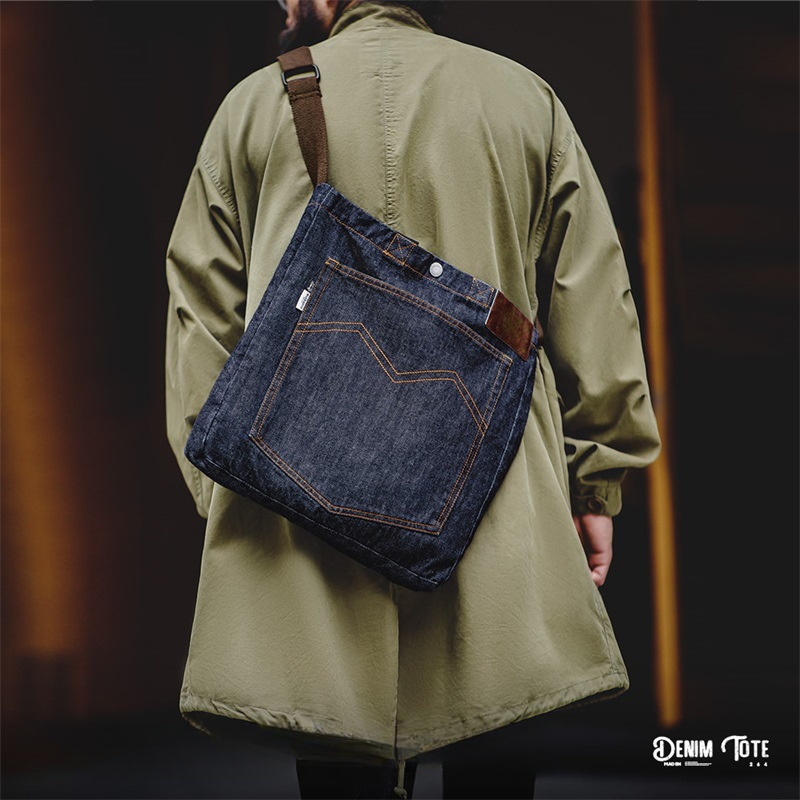 Maden Vintage Denim One Shoulder Crossbody Bag Denim Embroidery Large Capacity Handheld Flat Tote Bag
