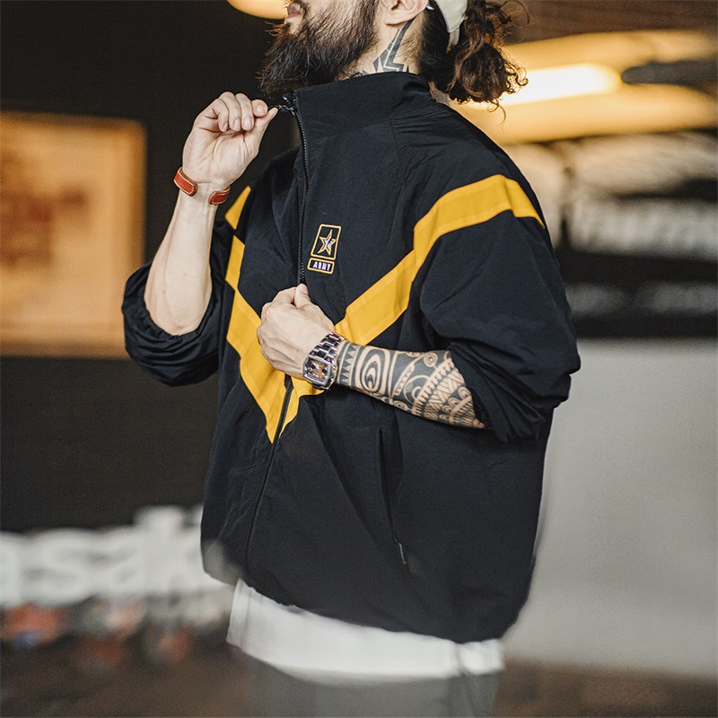 Maden Retro ARMY Training Jacket, IPFU Sports Contrast Loose Stand up Collar Jacket