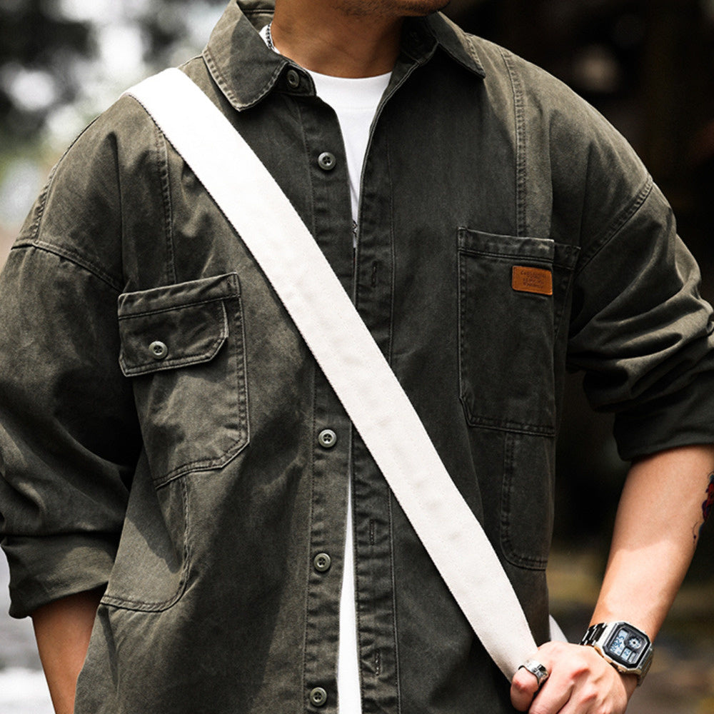 Wash off workwear shirt, military green tough guy hunting outfit, loose jacket