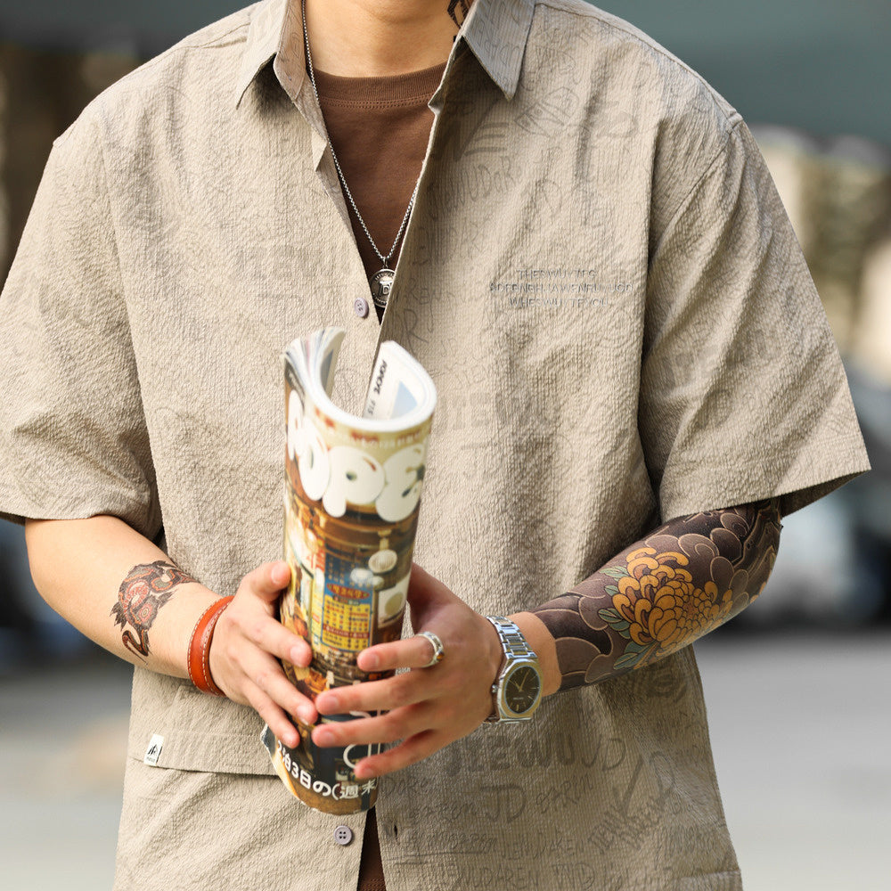 American retro short sleeved shirt men's full printed jacquard layered casual shirt