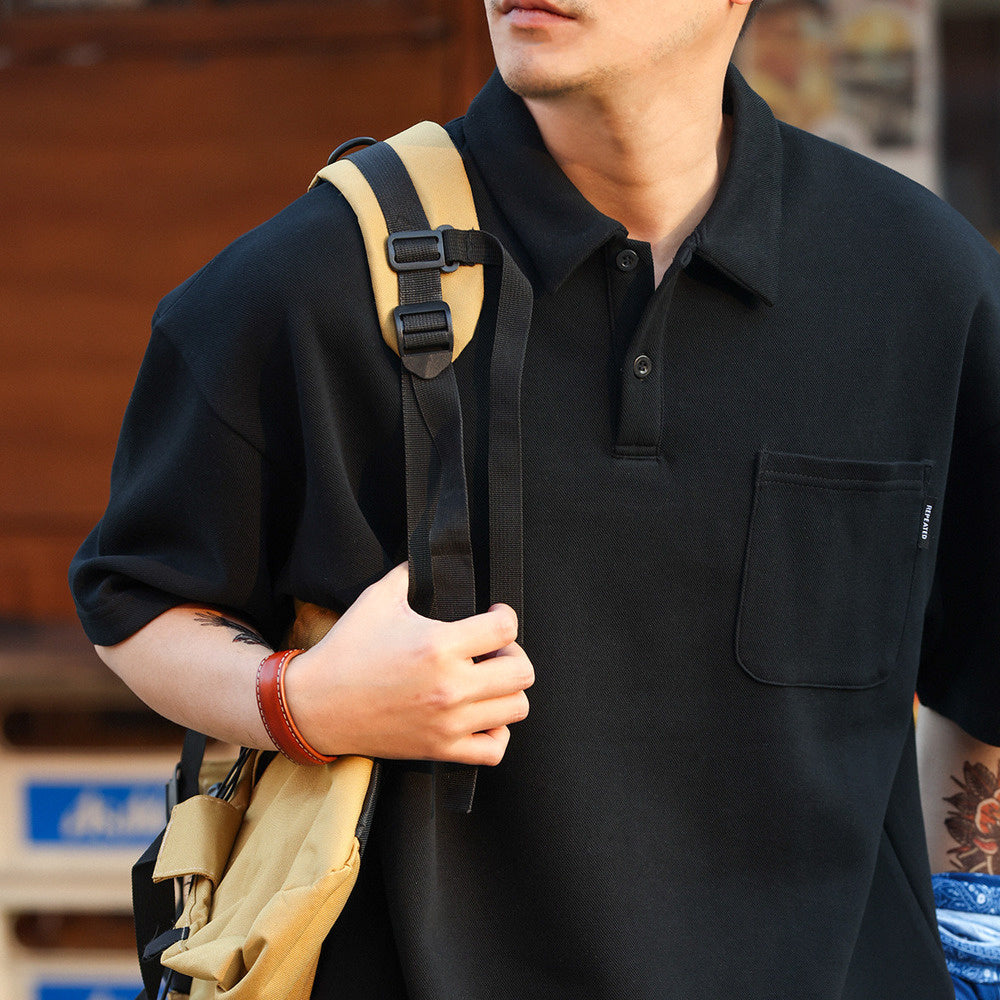 Japanese casual 340g men's loose pocket lapel short sleeved polo shirt