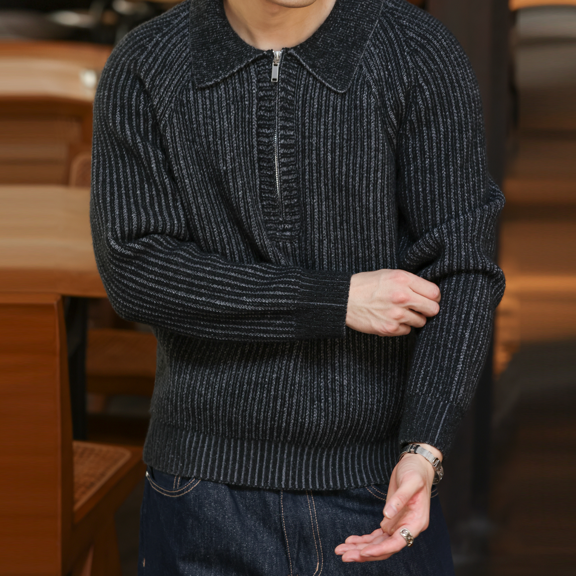 American Retro 860g Heavy-Duty Half Zip Men'S Raglan Sleeve Knitted Polo Shirt