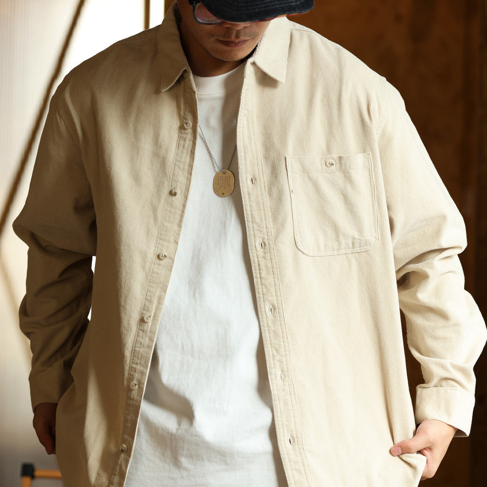 Collar corduroy long sleeved shirt for men, slightly wide casual drape texture shirt jacket