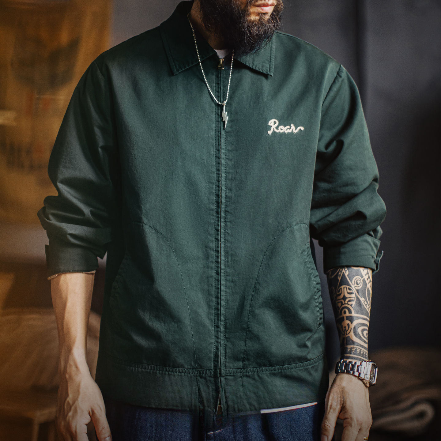 American retro embroidery lapel, dark green pure cotton long sleeved shirt