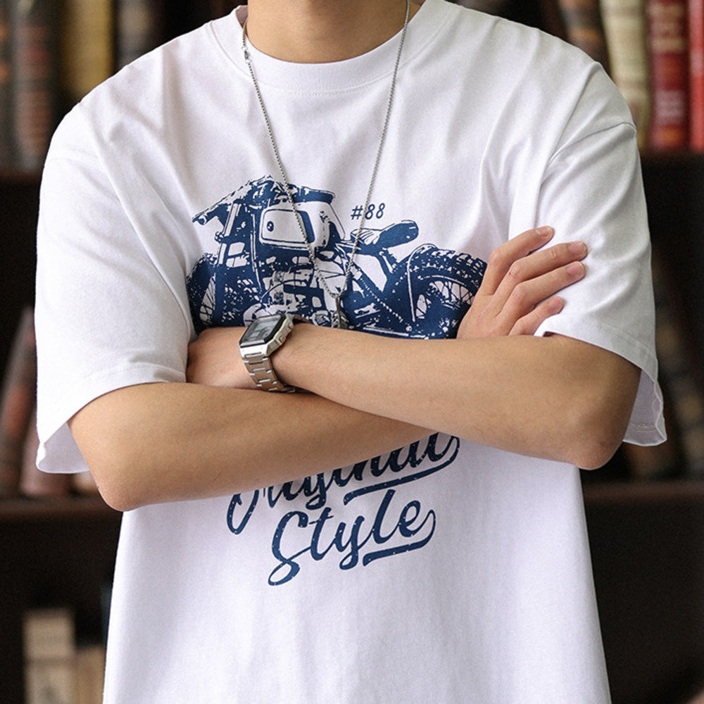 American casual motorcycle print men's loose round neck pure cotton T-shirt