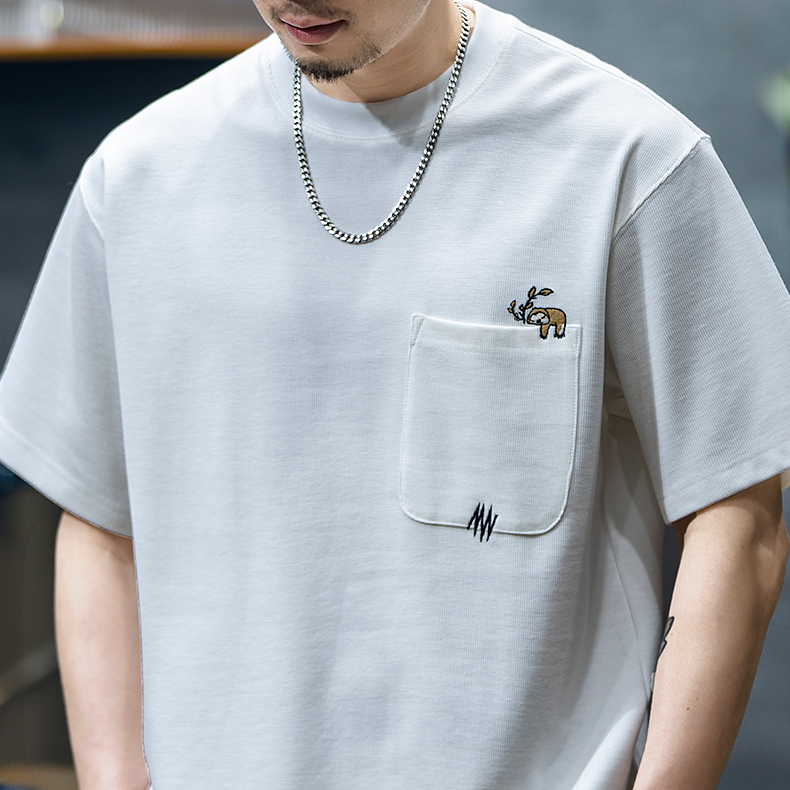 260g men's summer new trendy embroidered pocket loose casual T-shirt