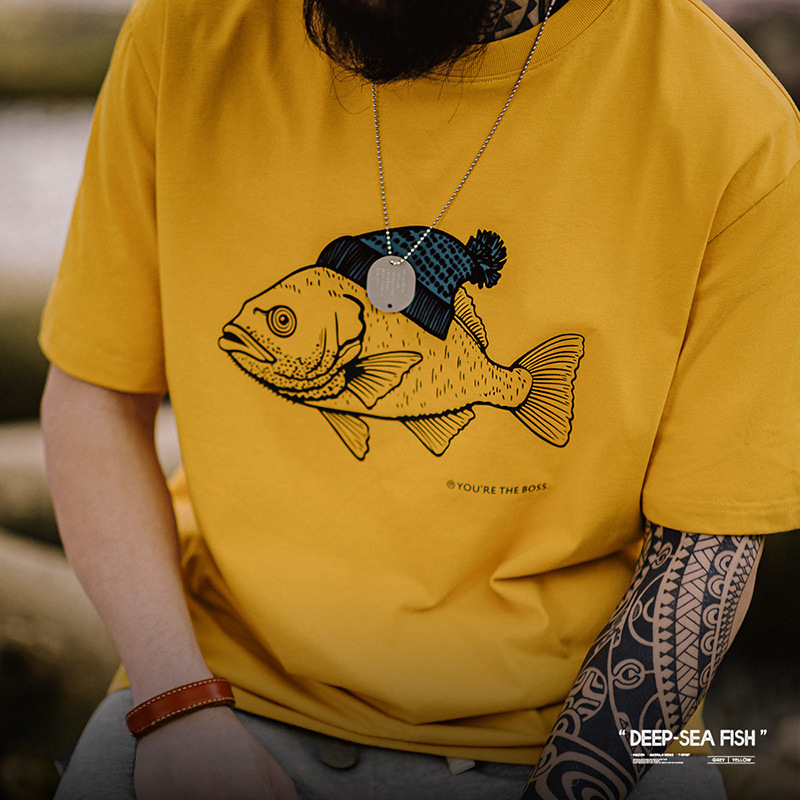 Maden Vintage deep-sea fish flocking printed T-shirt animal pure cotton round neck short sleeved T-shirt