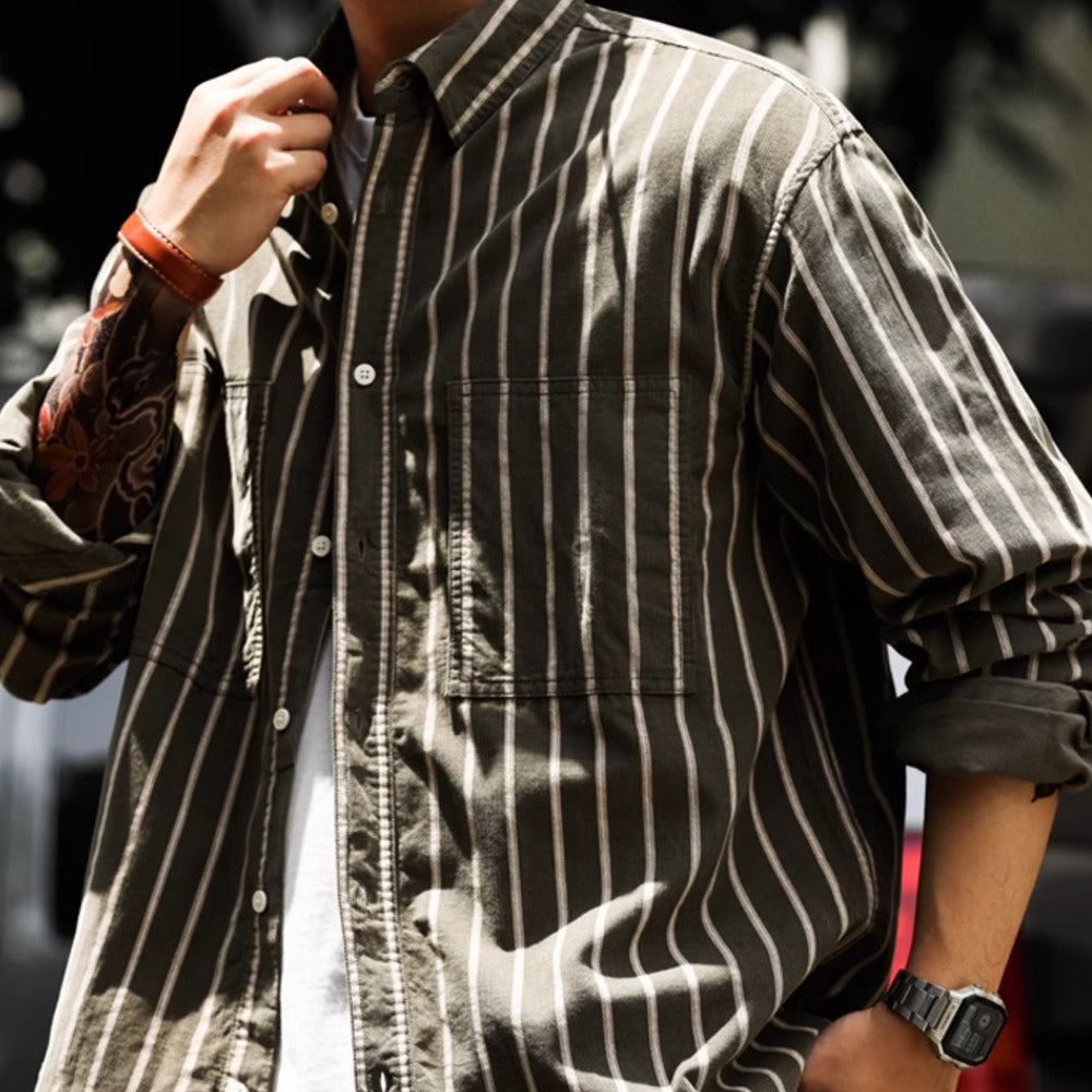 Casual dyed pure cotton striped shirt for men, vintage style, contrasting long sleeved shirt jacket