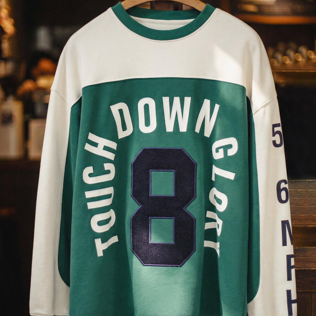 American Retro Jersey Style Contrasting Color Digital Round Neck Long Sleeved T-Shirt