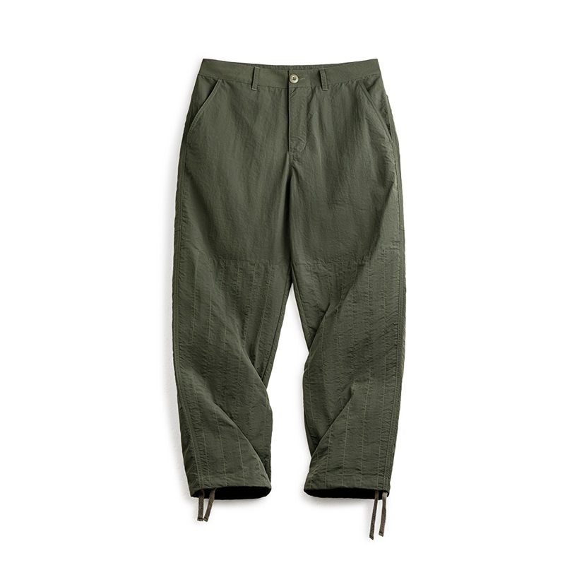 Maden Retro Quilted Fold Double Knee Pants Thin Drawstring Leg Straw Army Green Straight Casual Pants