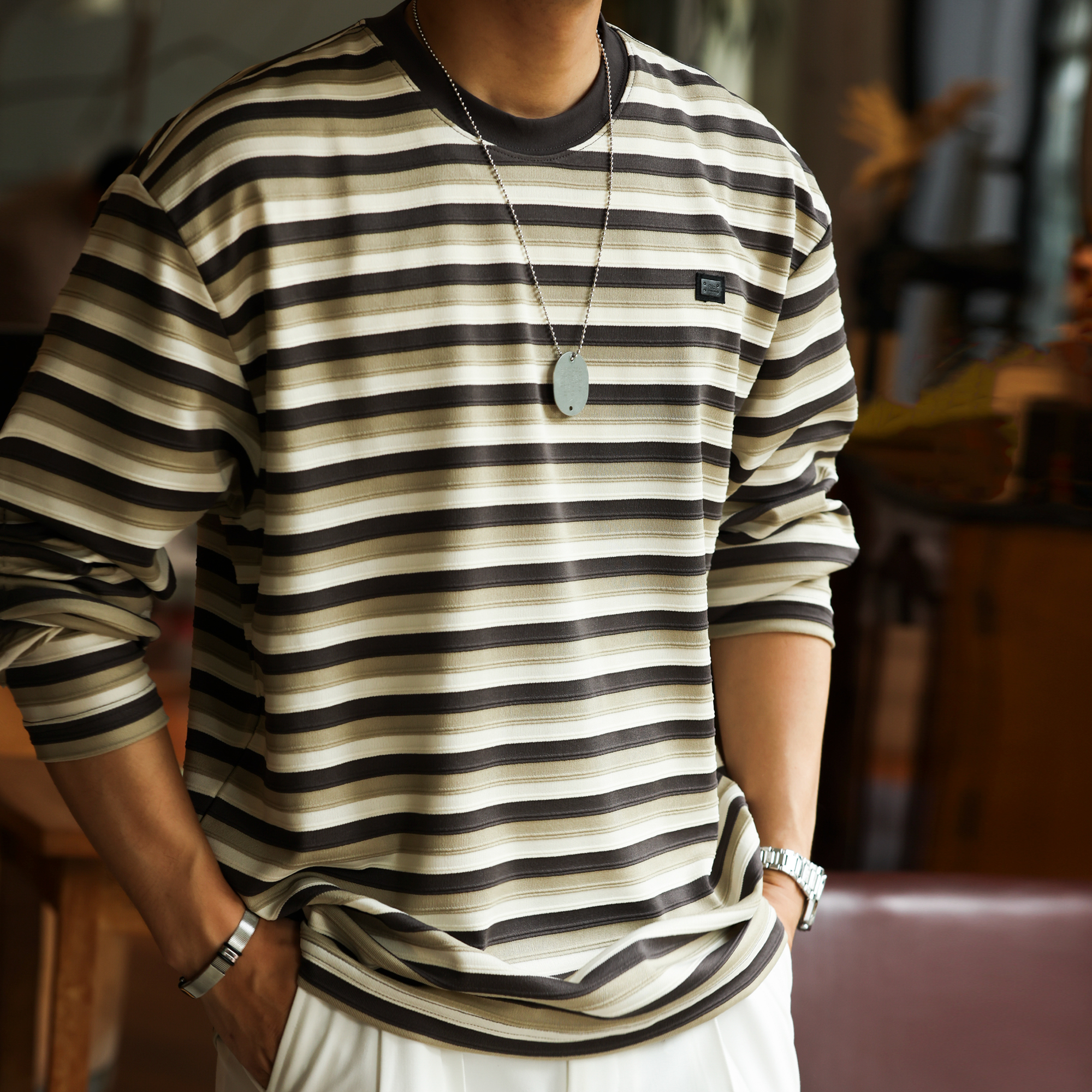 American Retro Three-Dimensional Men's 280g Contrasting Striped Knitted Long Sleeved T-Shirt