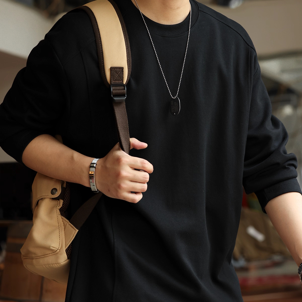 American Casual 280g Spliced Men'S Saddle Shoulder Cleanfit Long Sleeved T-Shirt