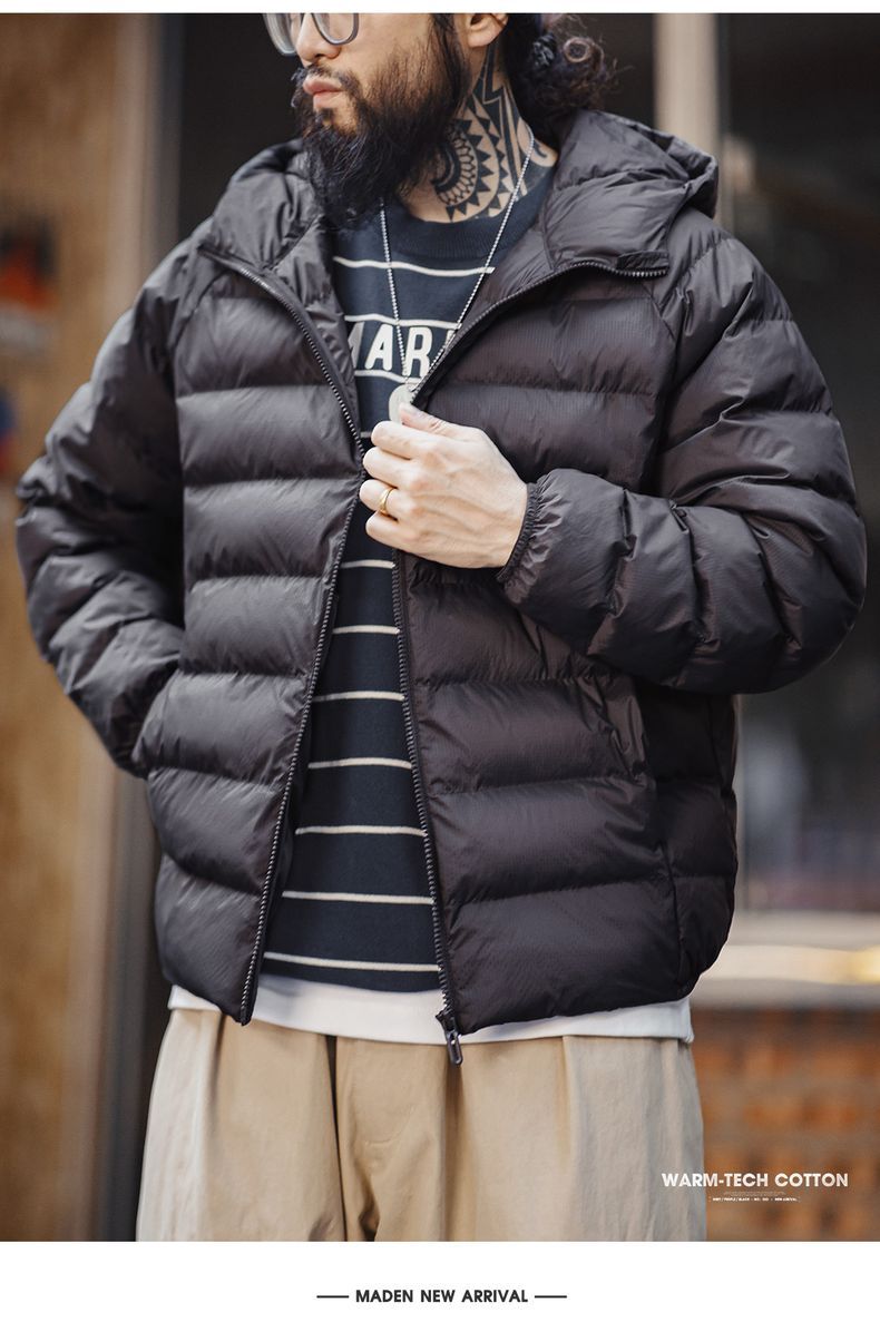Maden casual lightweight waterproof quilted cotton jacket, warm hooded pork rib cotton jacket