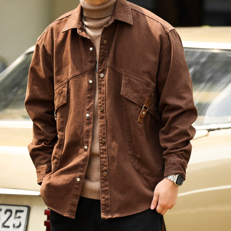 BGYO Gray series Ankela red shirt jacket men's loose Paris button slanted pocket workwear shirt autumn