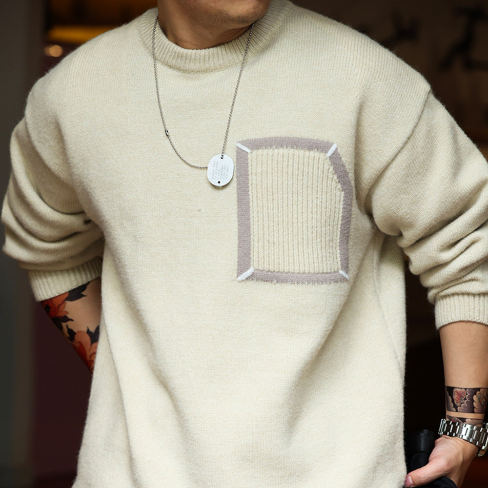 Casual 800g Heavyweight Patchwork Sweater Loose Thick Slouchy Niche Crew Neck Knit