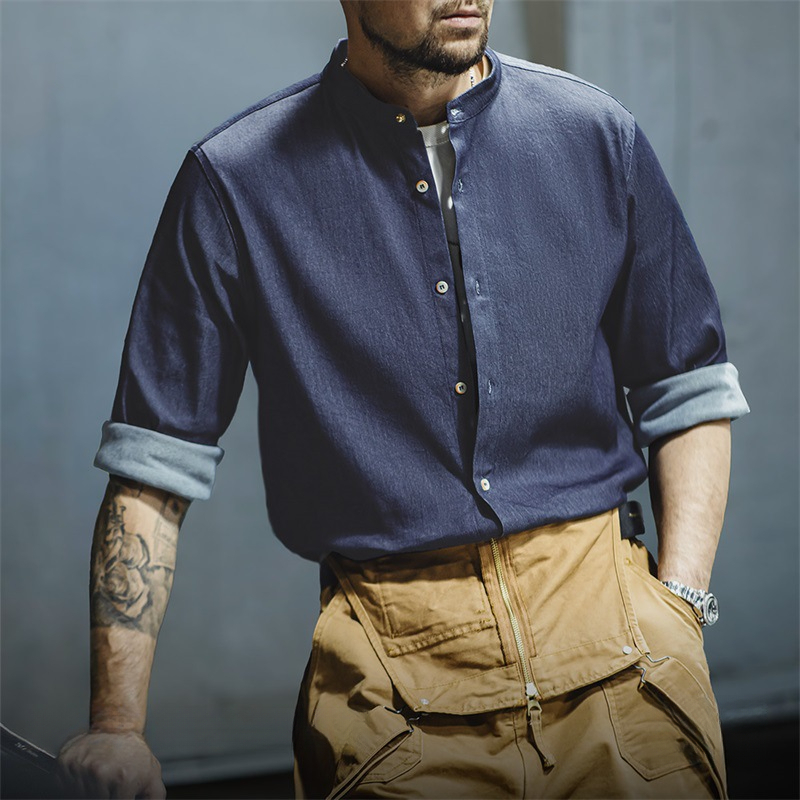 Maden retro cool Ice Silk denim shirt washed round neck casual long sleeved shirt jacket