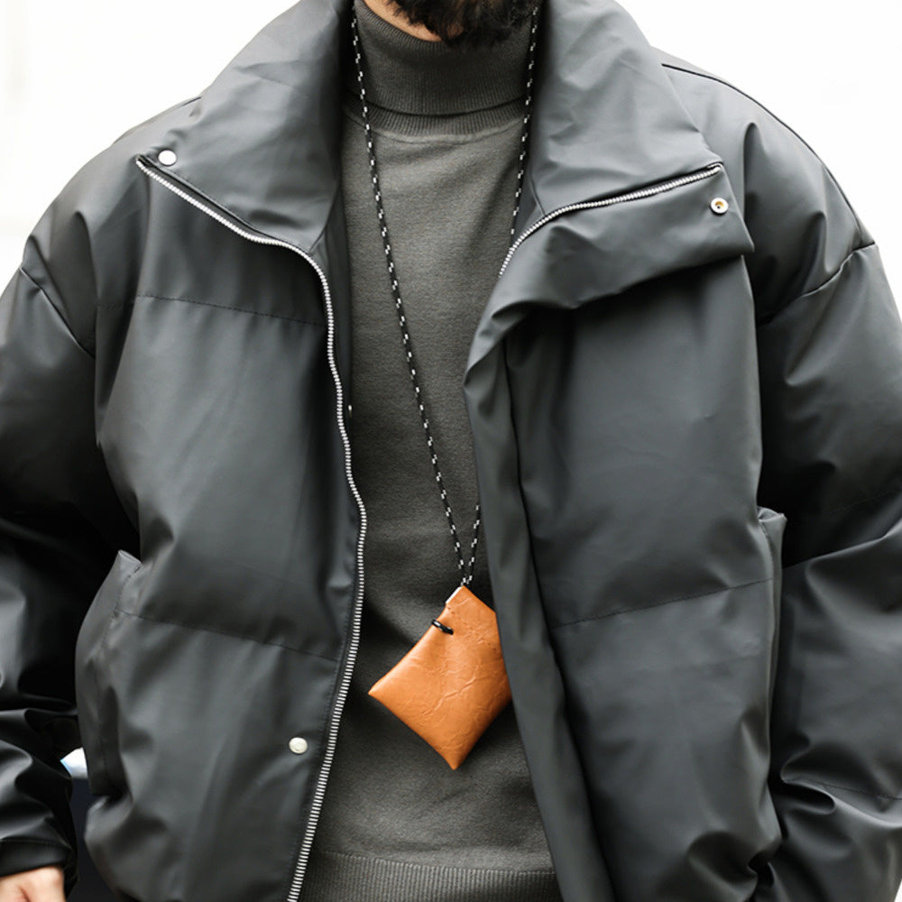 Casual cleanfit short section stand-up collar PU leather loose vintage high-class feeling cotton coat jacket