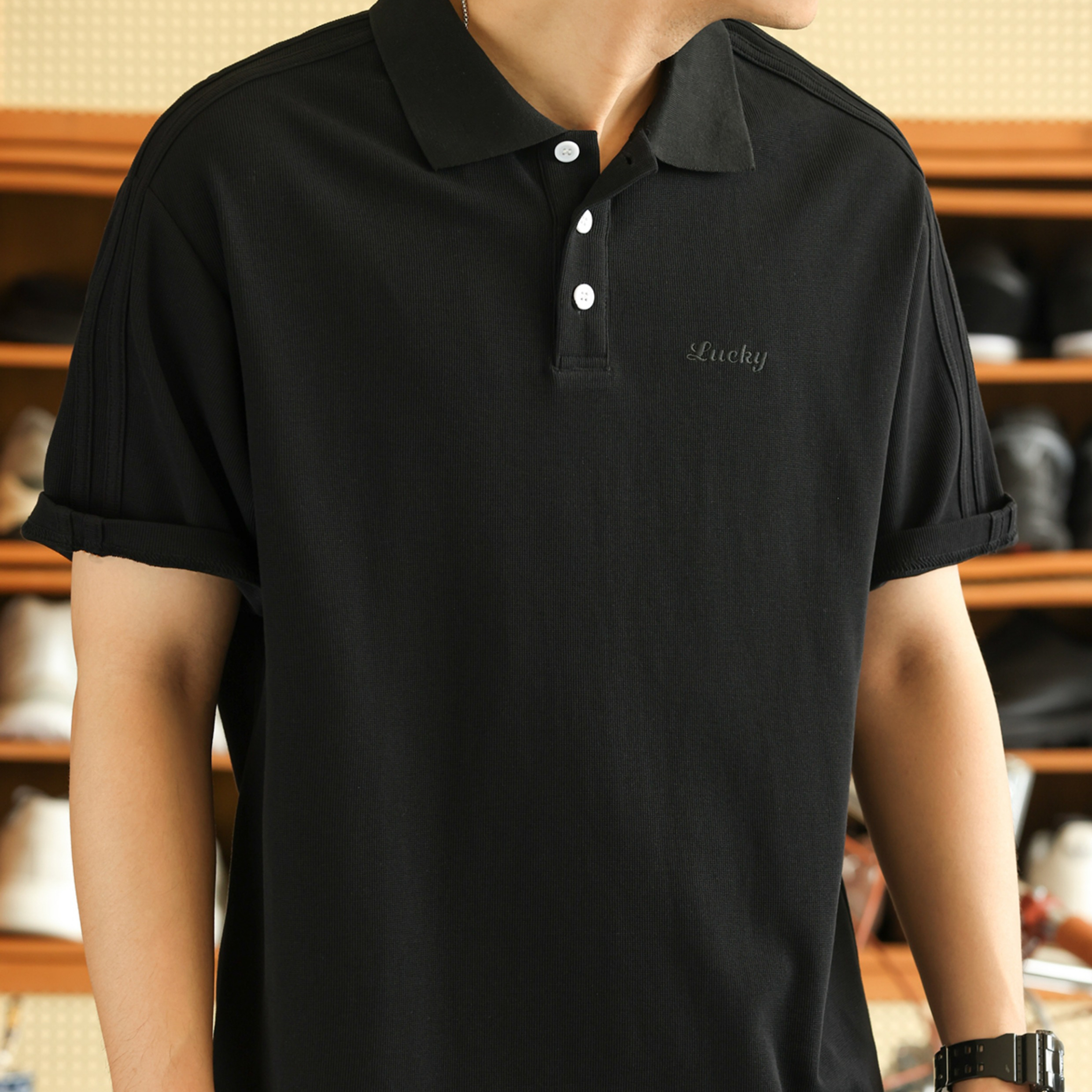 American casual 230g men's breathable embroidered letter lapel polo shirt