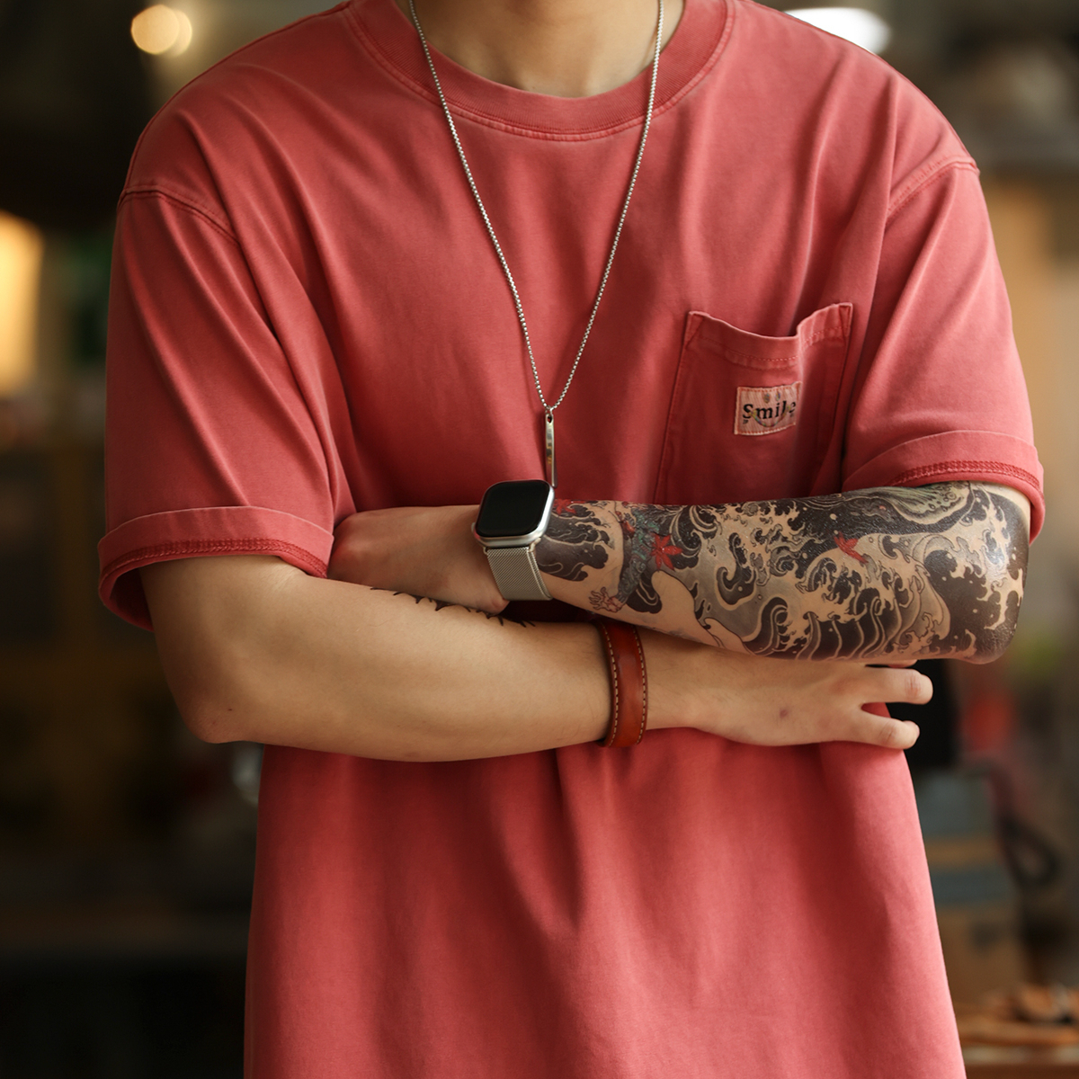 American retro men's 260g pure cotton pocket embroidered short sleeved T-shirt