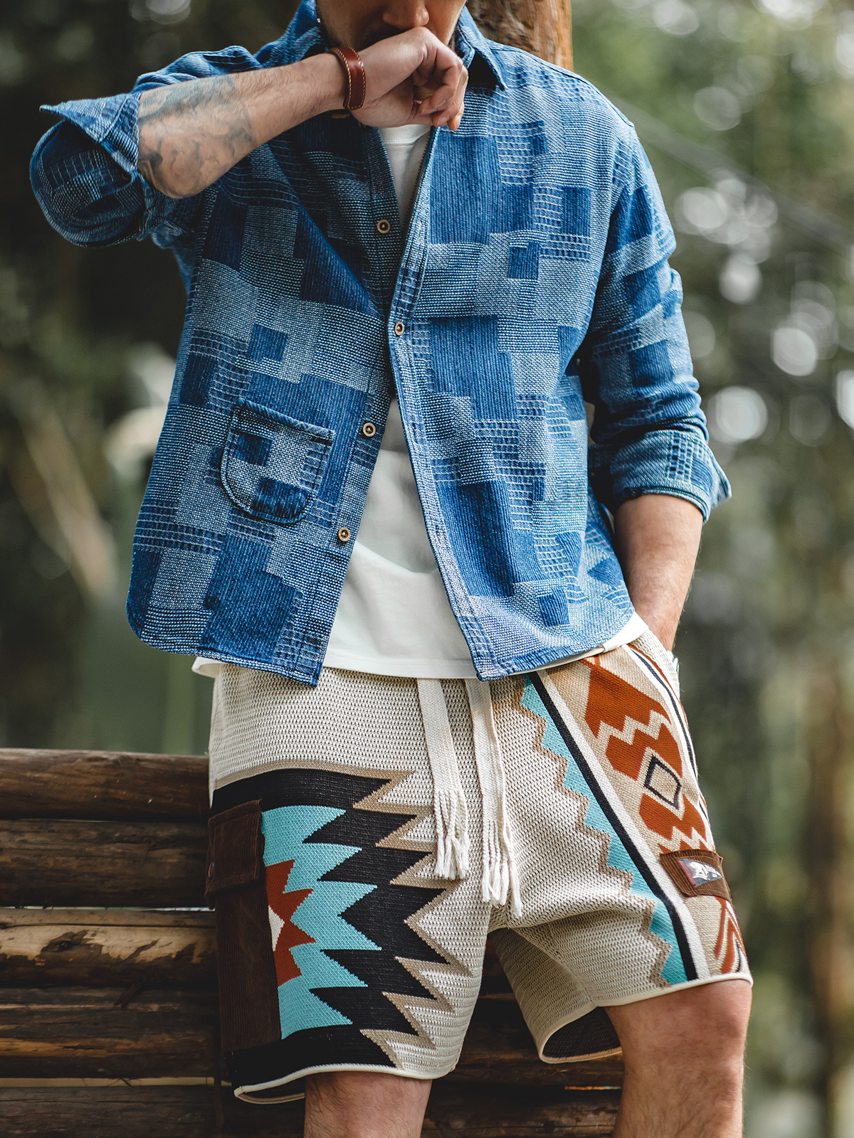 Maden Retro Navajo Knitted Shorts with Contrast Embroidered Five-inch Guards