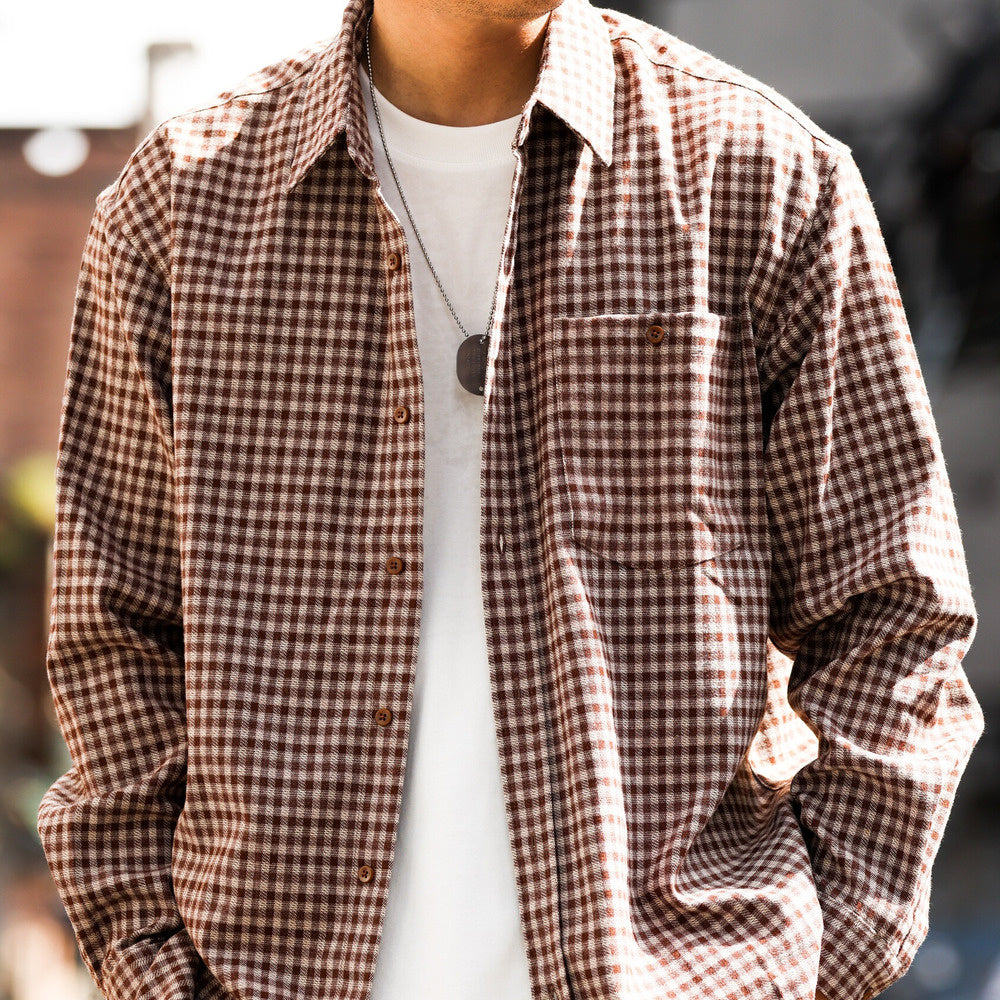 French brushed small checkered long sleeved shirt with loose casual po