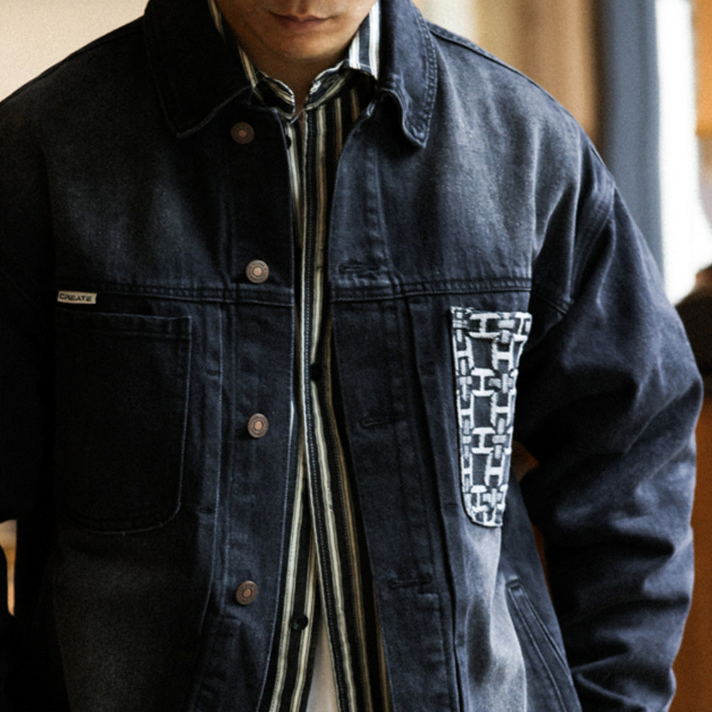Storm Knight denim jacket men's cashew flower patchwork pocket design hunting motorcycle jacket
