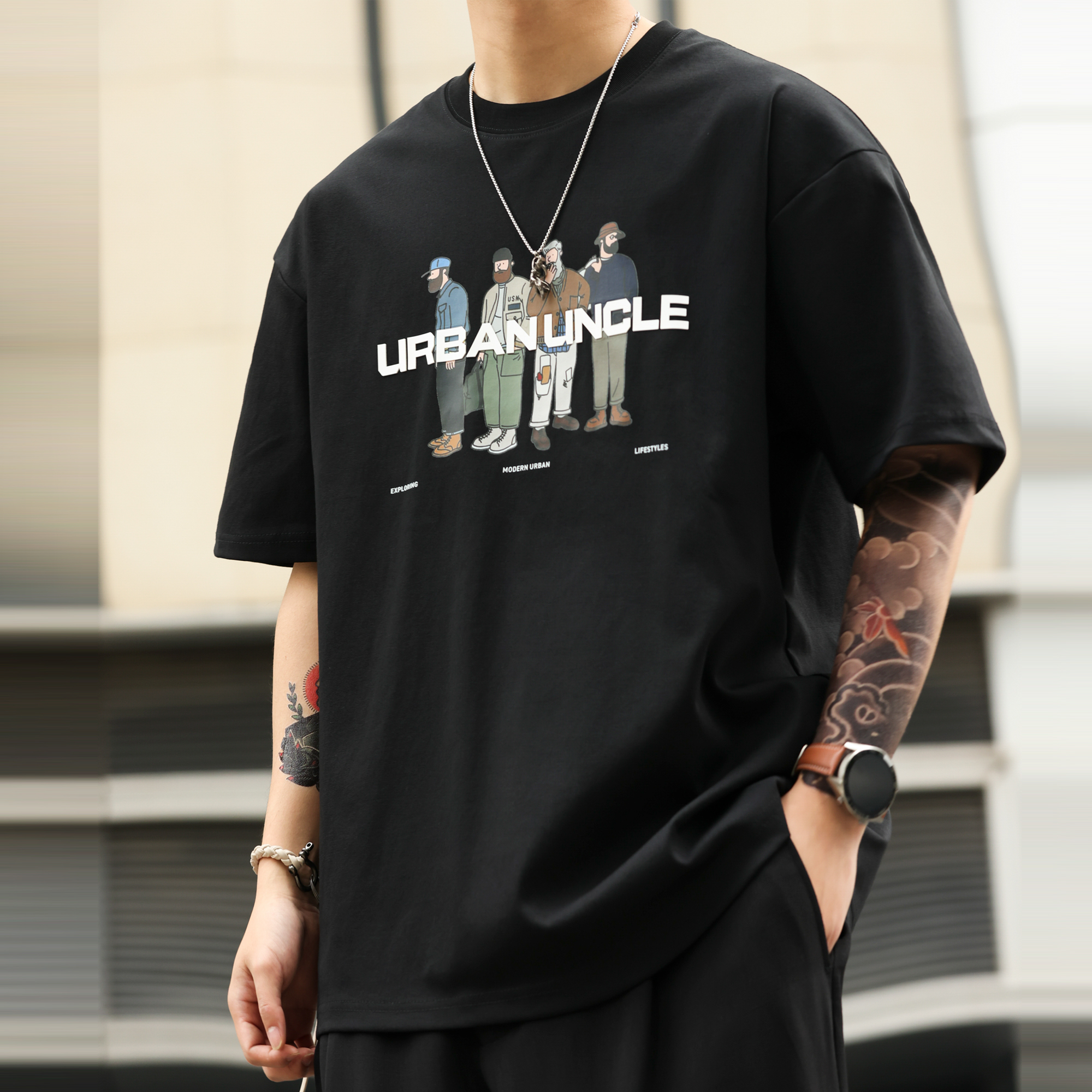 American casual printed men's summer 220g cotton short sleeved T-shirt