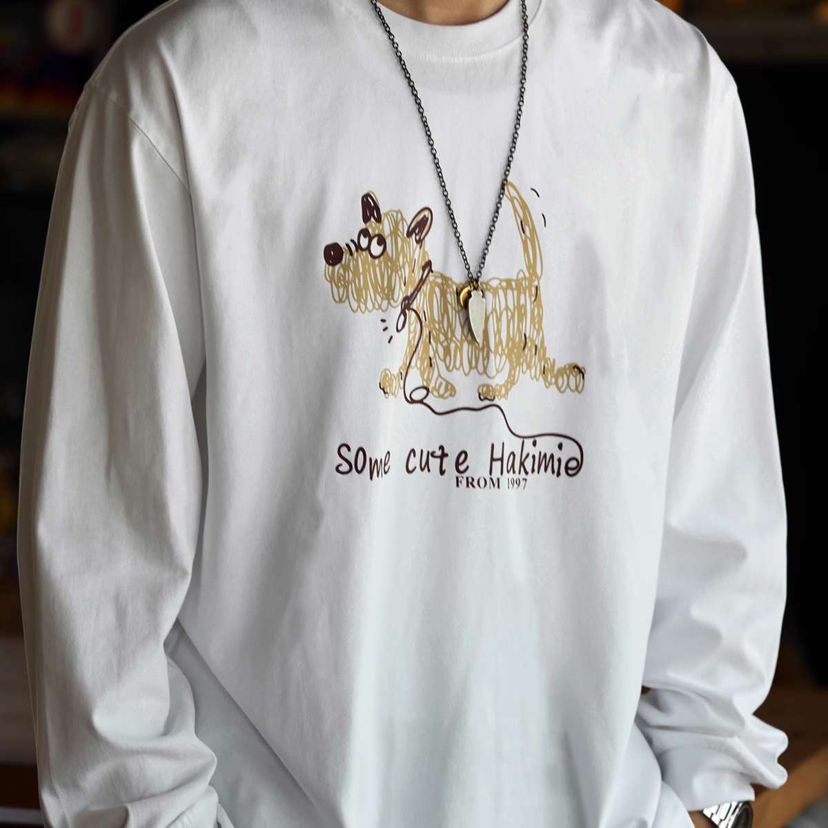 American Casual Line Graffiti Puppy Male 260g Cotton Long Sleeved T-Shirt