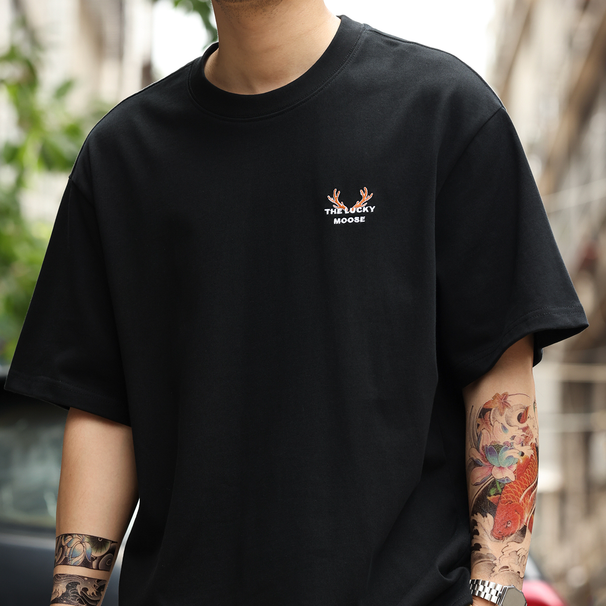 American retro lucky deer head embroidered men's 300g pure cotton T-shirt