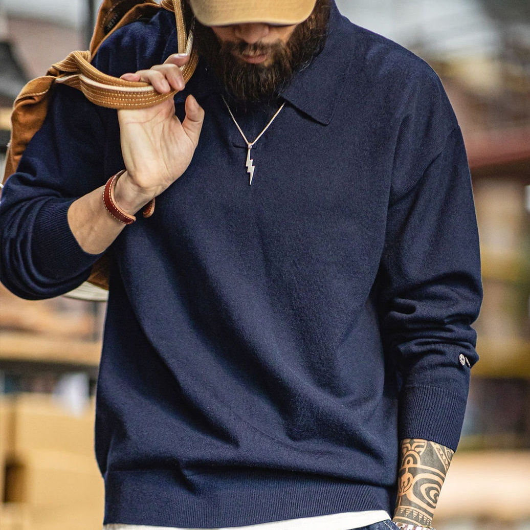 American Casual Seagull Polo Collar Old Money Style Men'S Gray Knitted Polo Shirt