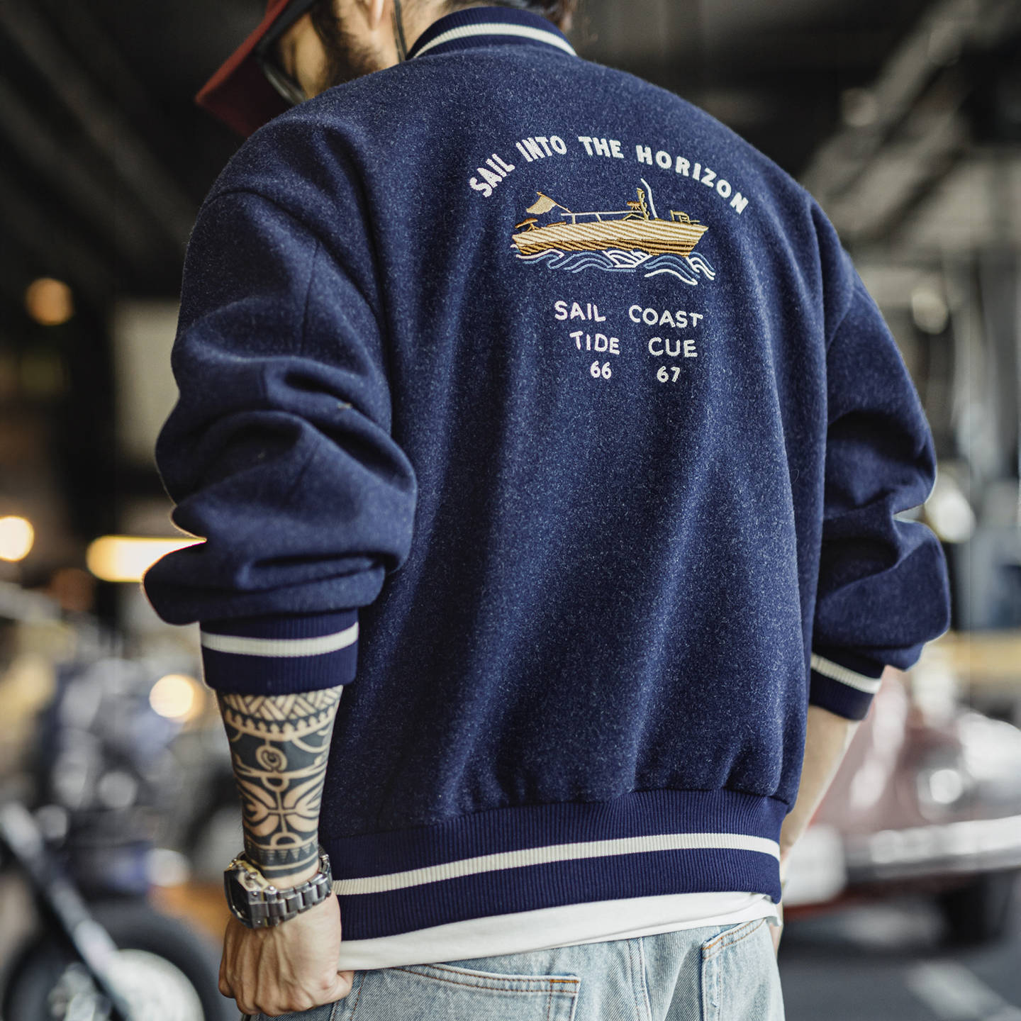 American Retro Blue Embroidered Contrasting Short Jacket