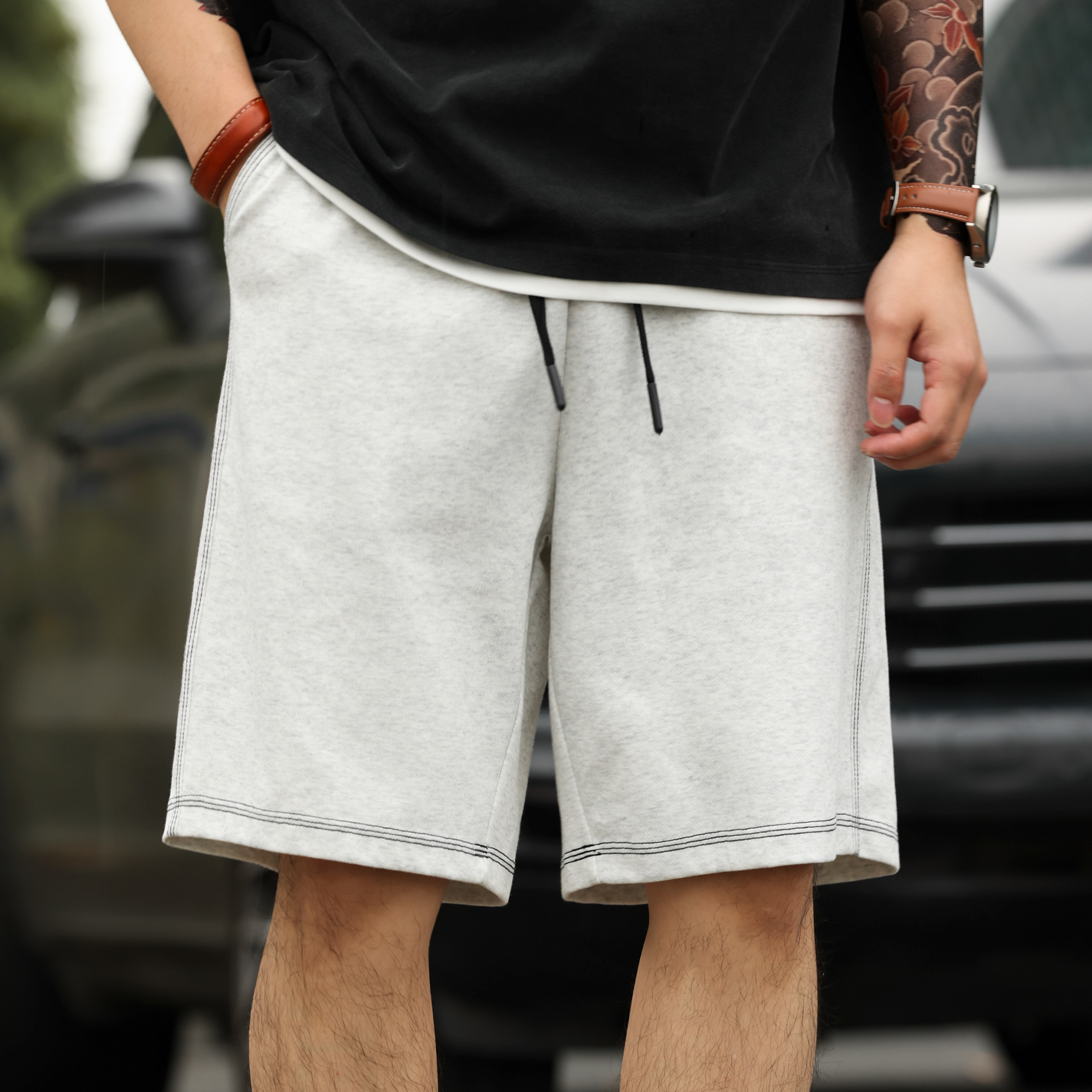 American casual contrasting men's loose drawstring sports shorts
