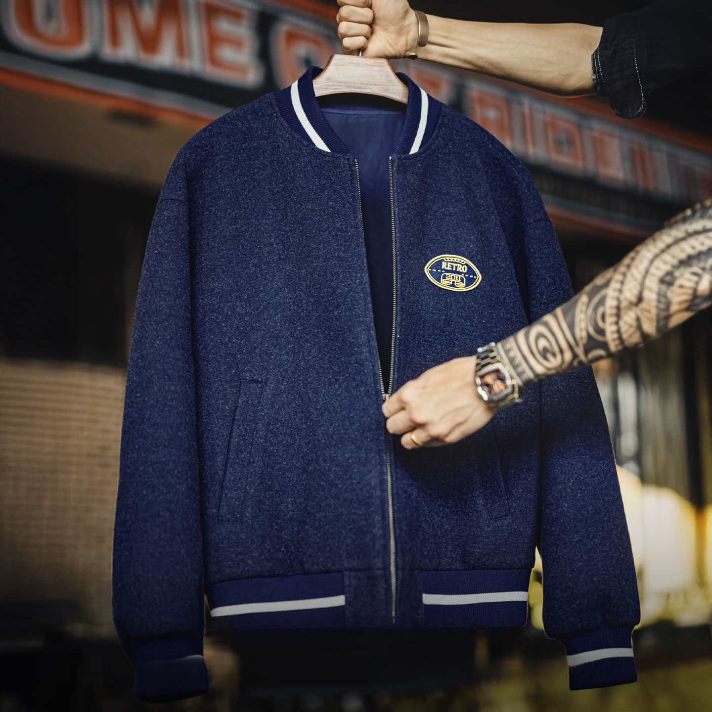 American Retro Blue Embroidered Contrasting Short Jacket