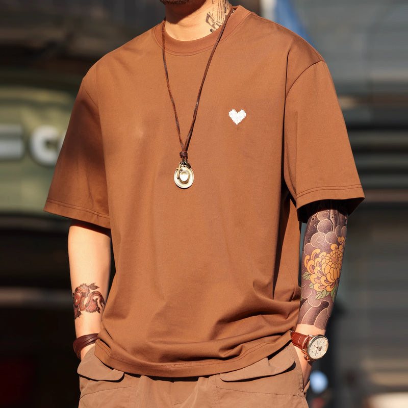 American casual heart-shaped embroidered men's loose 220g short sleeved T-shirt