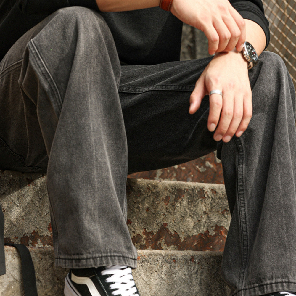 Retro washed black jeans vintage heavyweight drape straight leg wide leg pants