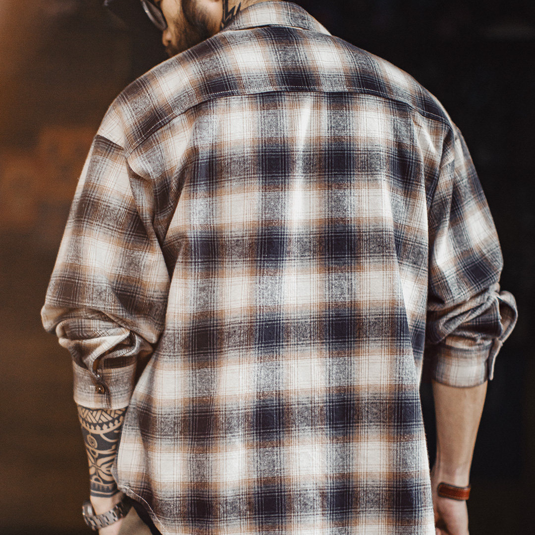 American Retro Plaid Lapel Plaid Pure Cotton Long Sleeved Zipper Shirt