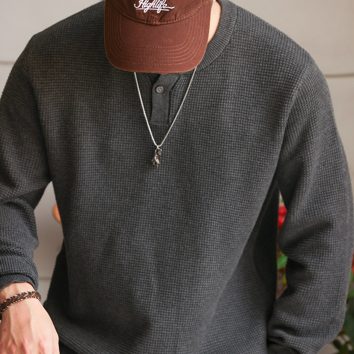 American Retro Nouveau Riche Henry Collar Knitted Men'S Fine Needle Floral Yarn Casual Long Sleeved Shirt