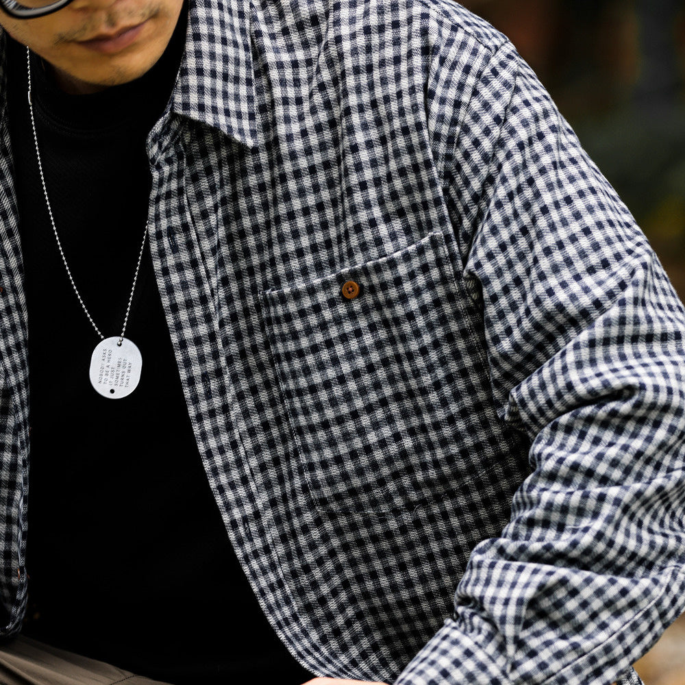 French brushed small checkered long sleeved shirt with loose casual pockets, high-end shirt jacket