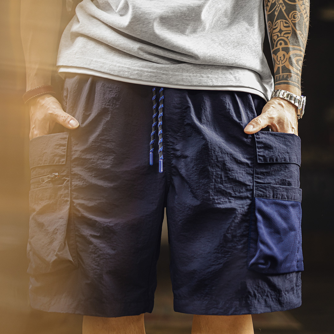 American Style Multi Pocket Quick Drying Navy Blue Outdoor Lightweight Drawstring Shorts