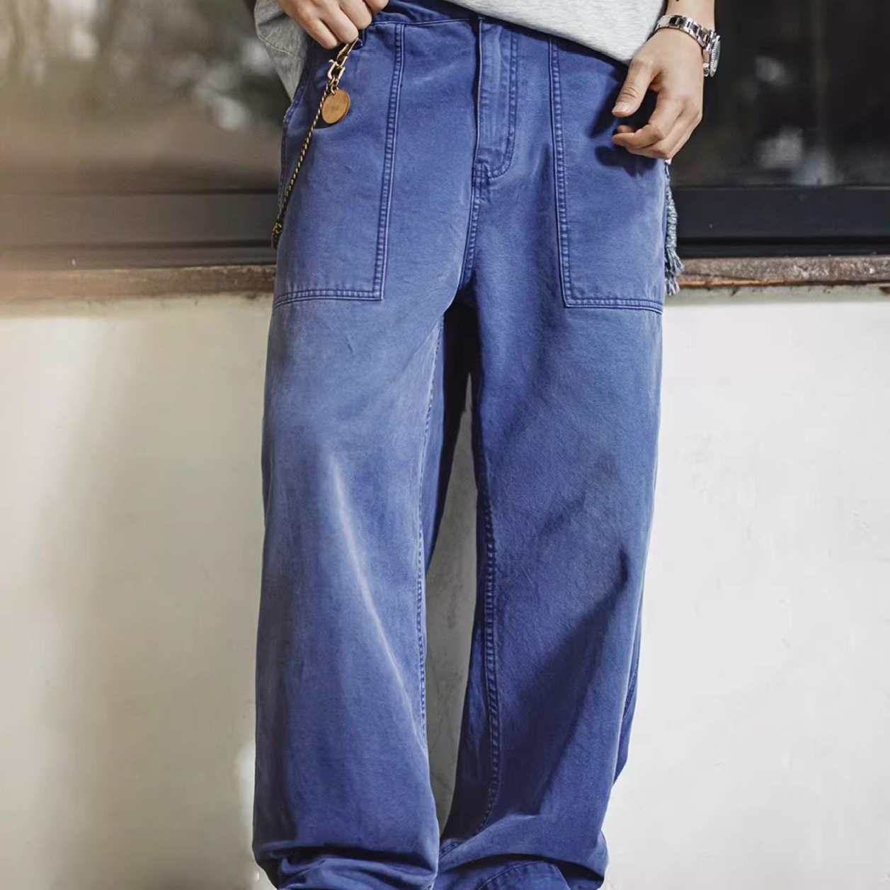 French Retro Blue Washed Canvas Loose Straight Leg Casual Pants