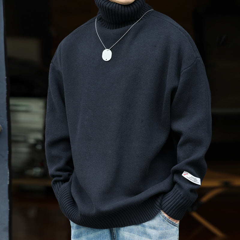 Flip up collar knitted sweater with retro loose coarse needle and thread, paired with a base top