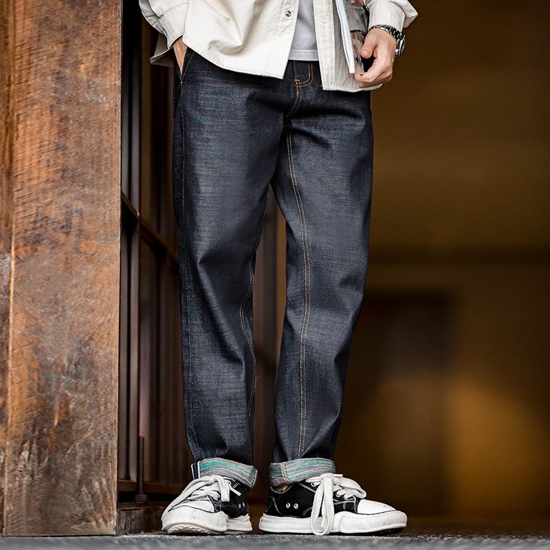 Maden American retro heavyweight colored cotton white edge red ear straight leg original cow pants