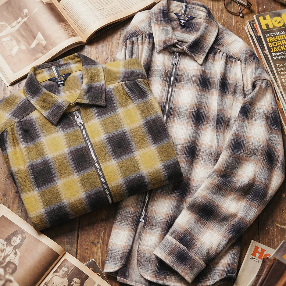 American Retro Plaid Lapel Plaid Pure Cotton Long Sleeved Zipper Shirt