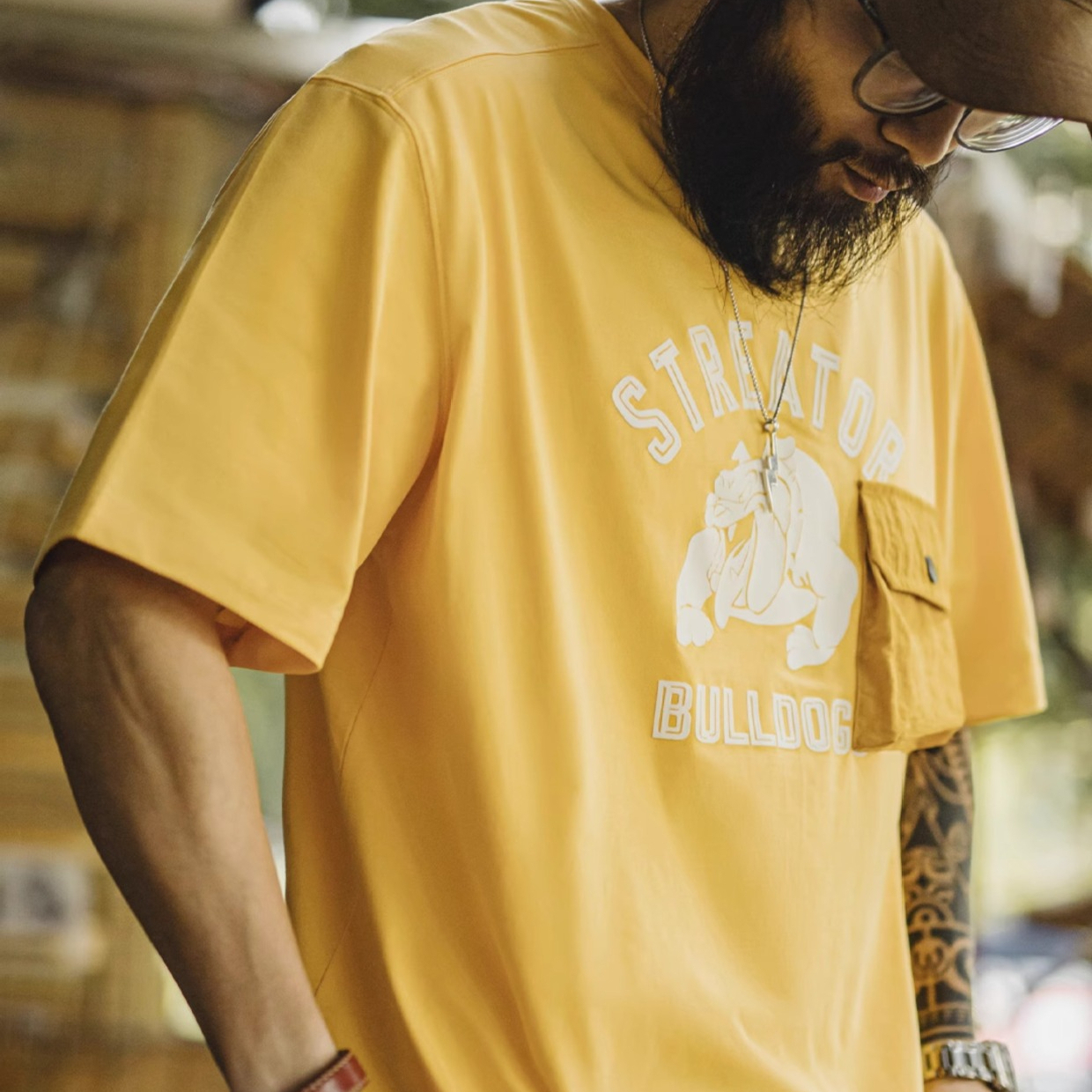 American printed men's loose shoulder sleeves with ginger thread collar pockets T-shirts