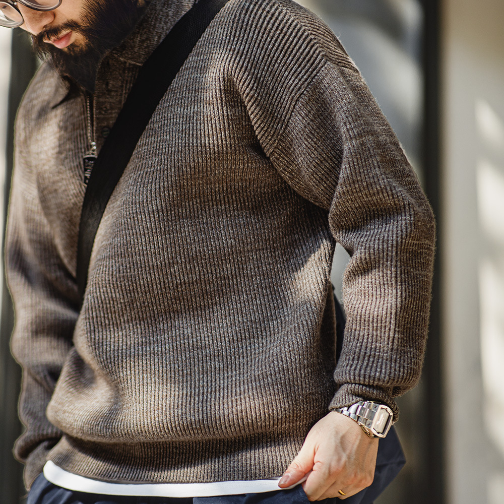 Maden Vintage Knitted Polo Sweater Lazy Style Loose Flip Collar Pullover Heather Sweater