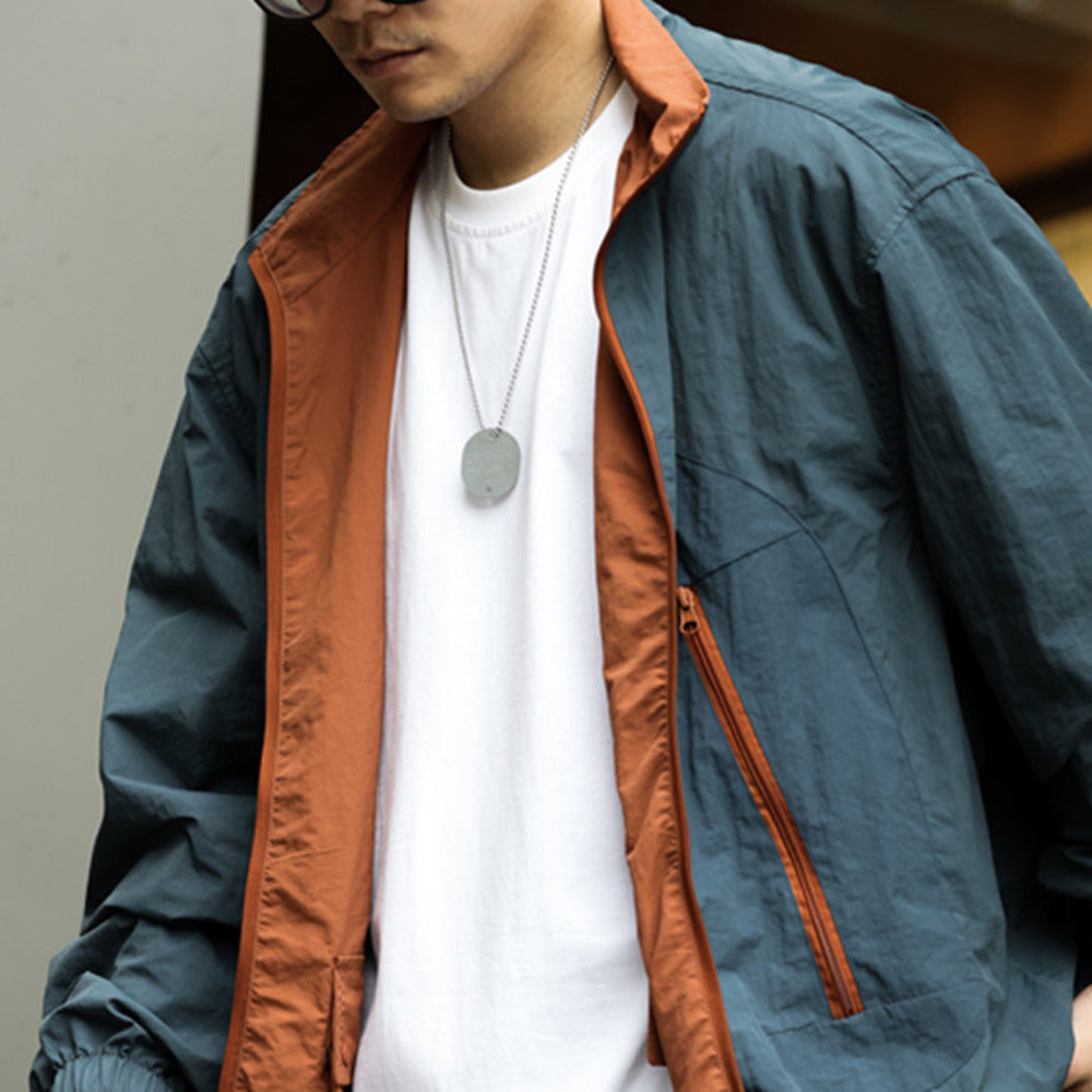 Casual double-sided shuttle woven assault jacket, loose multi pocket stand up collar jacket