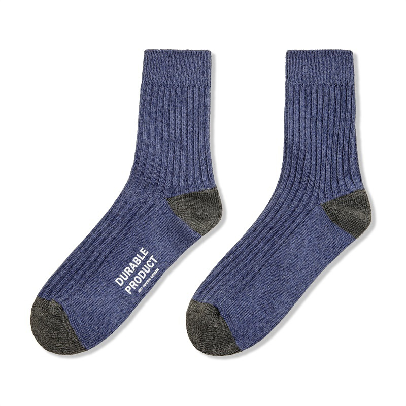 Maden casual contrasting floral yarn knitted mid length socks with three color pit stripe thick thread long socks