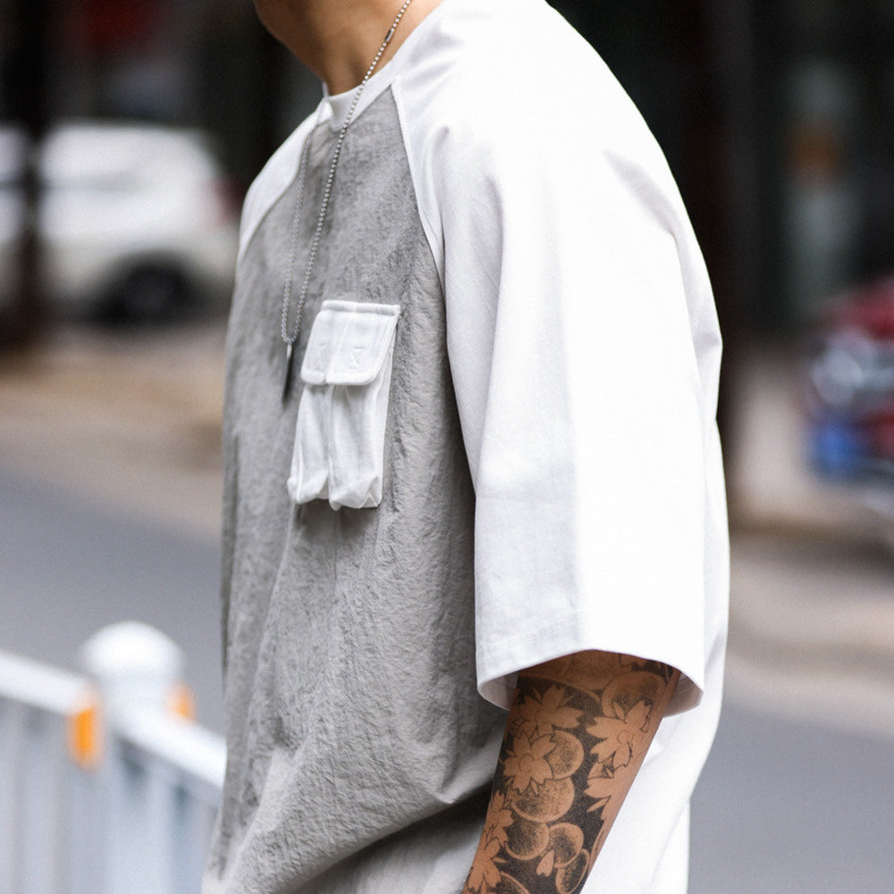 American retro sports men's loose outdoor casual patchwork pocket short sleeved T-shirt