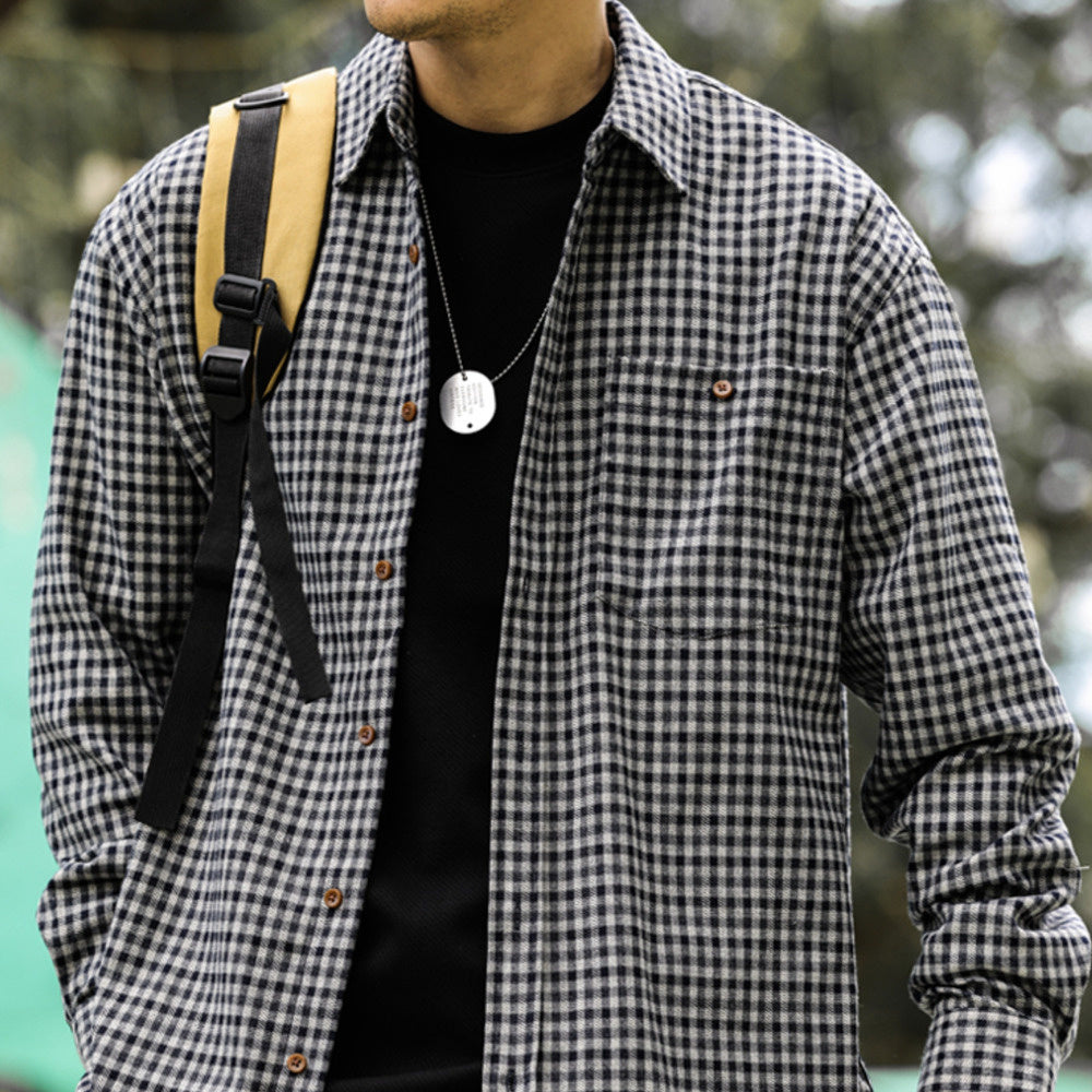 French brushed small checkered long sleeved shirt with loose casual pockets, high-end shirt jacket