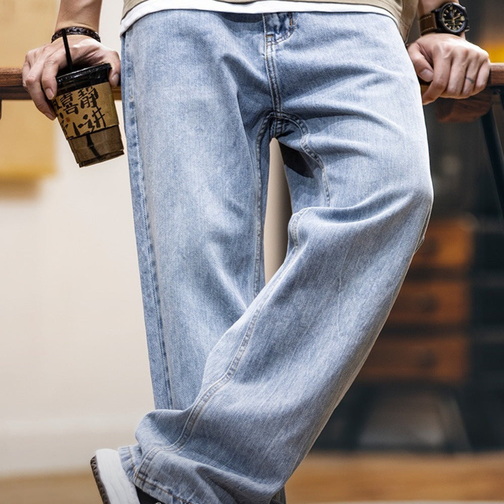American retro men's spring and summer pure cotton washed loose straight leg jeans